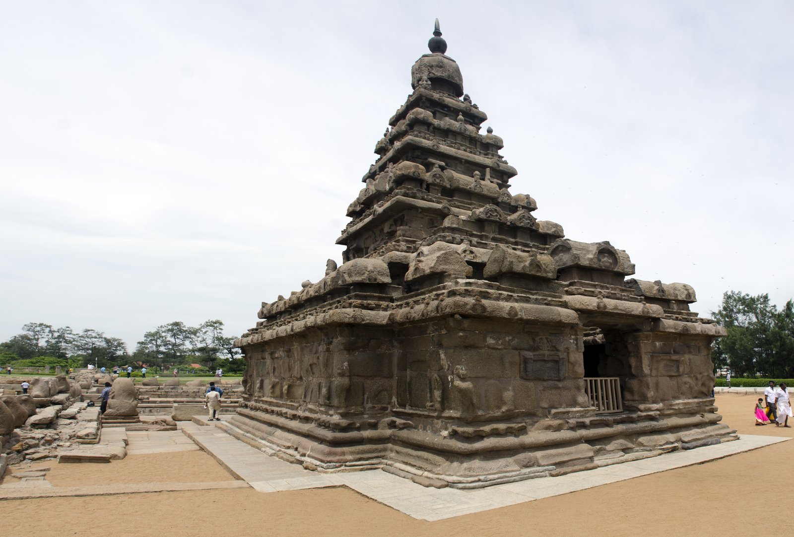 The Shore Temple at Mamallapuram, its pyramidal vimanas standing by the sea