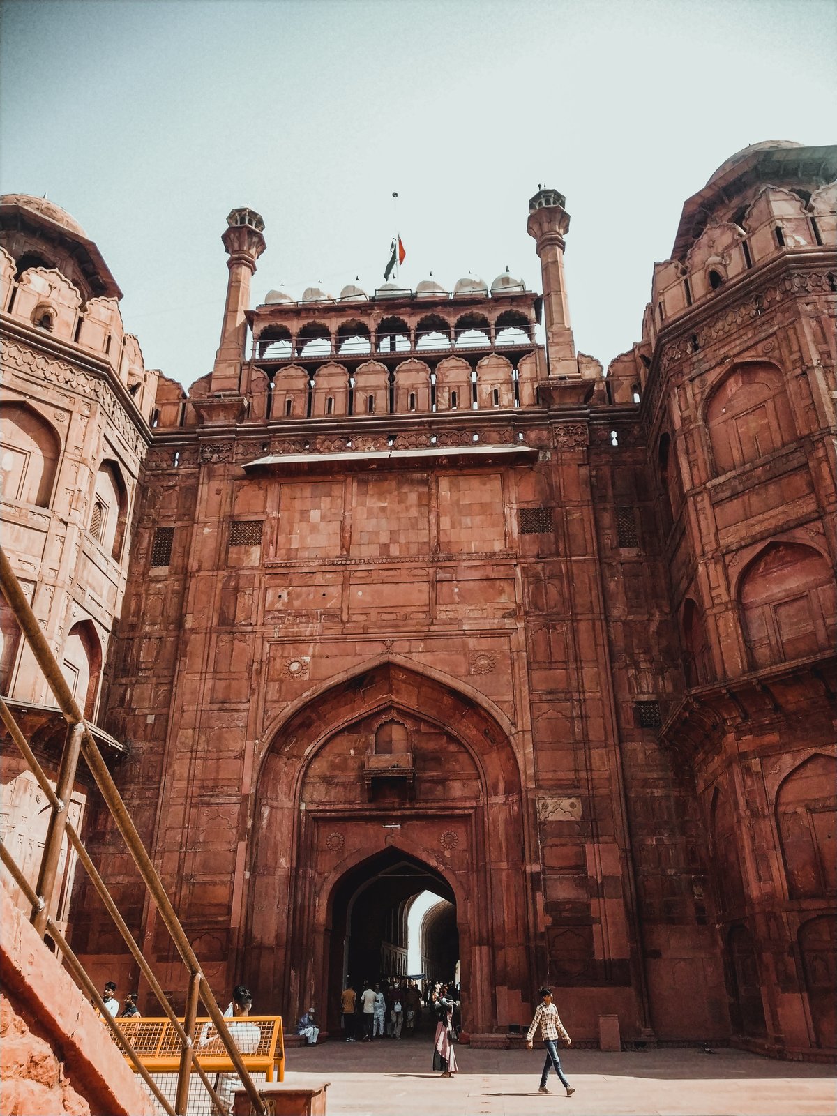 The Lahori Gate of the Red Fort in Delhi, its red sandstone front with small domed chhatris