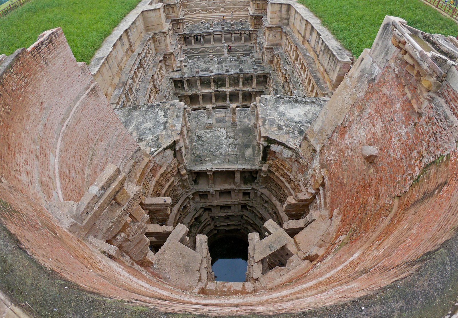 Rani ki Vav at Patan seen from above, its stepped corridors descending to the well shaft
