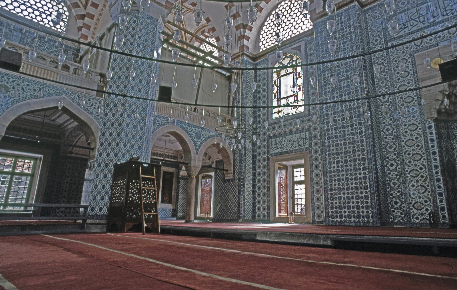 The tiled interior of the Rustem Pasha Mosque in Istanbul, its Iznik floral tiles