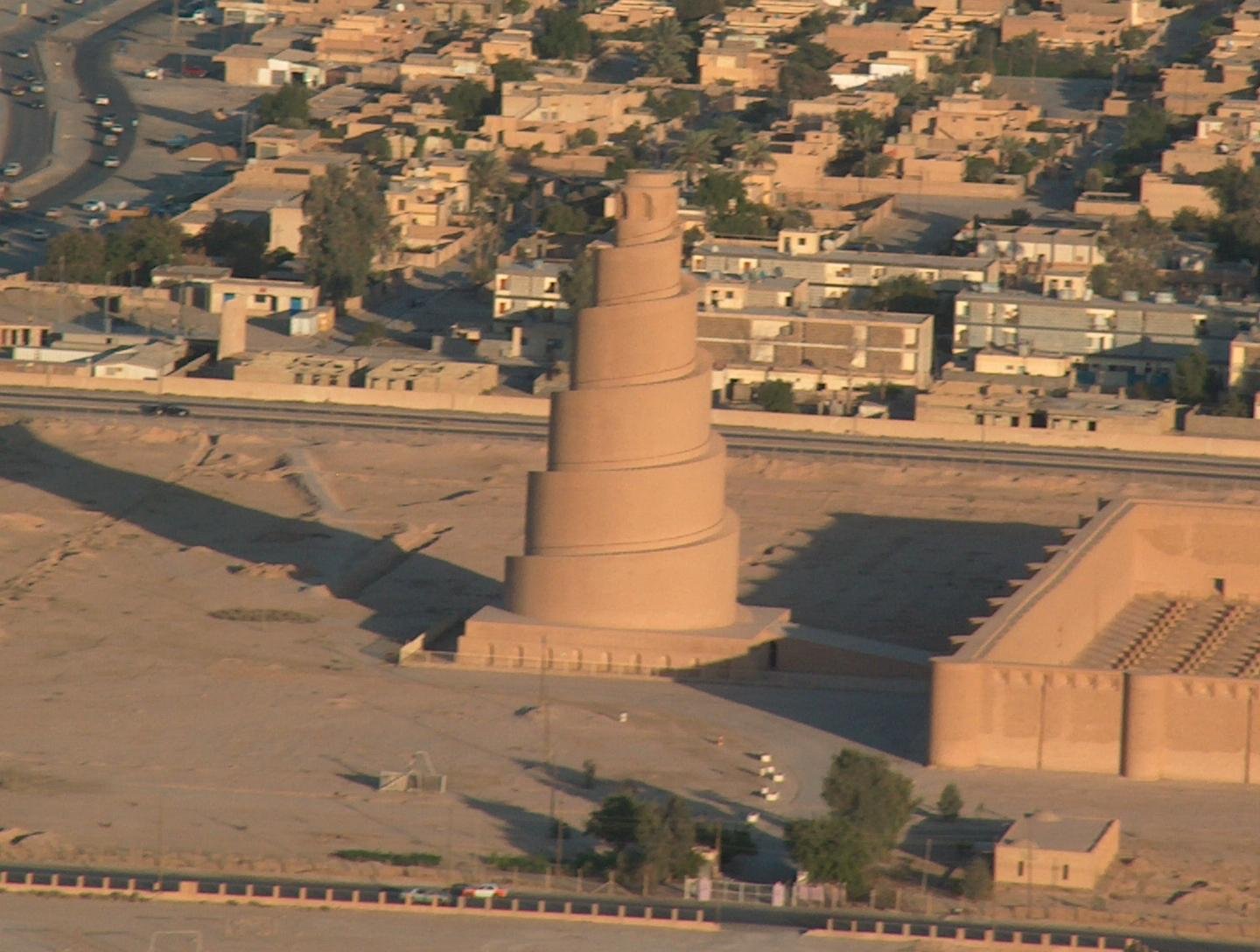 The spiral Malwiya minaret at Samarra, a brick ramp around a square base