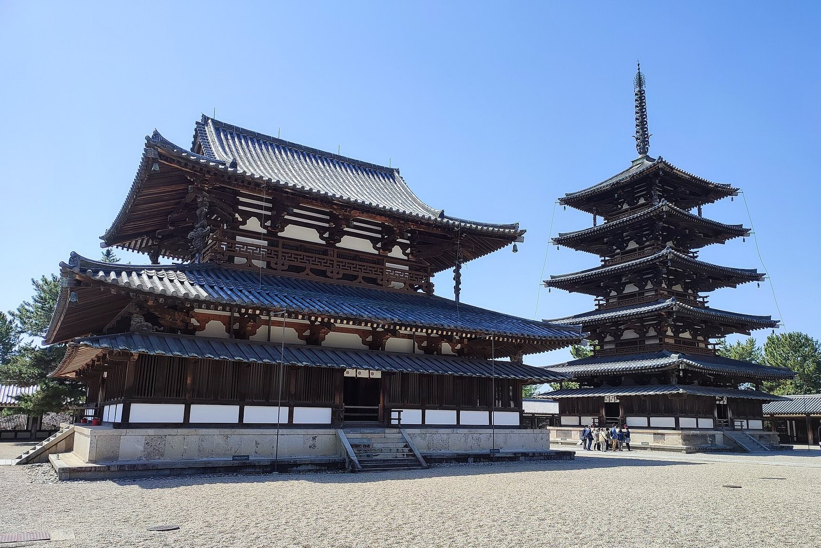 The golden hall and five-storey pagoda at Horyu-ji in Ikaruga, Nara
