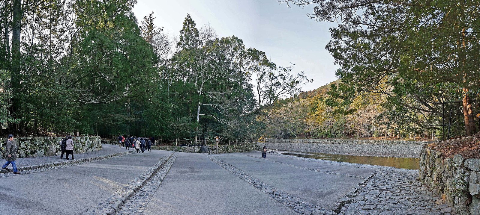 The broad gravel approach to the Inner Shrine at Ise, between forest and river