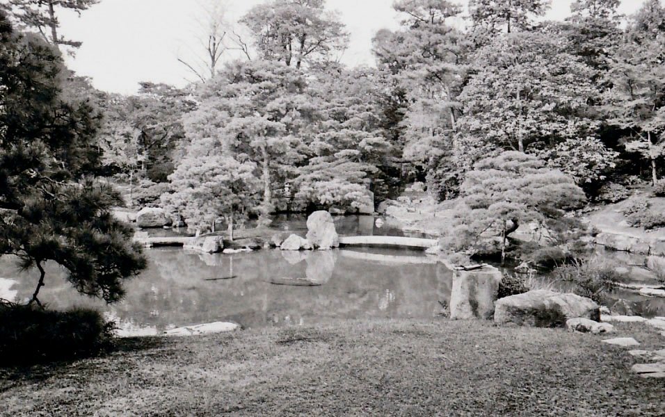The garden pond at Katsura Imperial Villa, in a black-and-white photograph