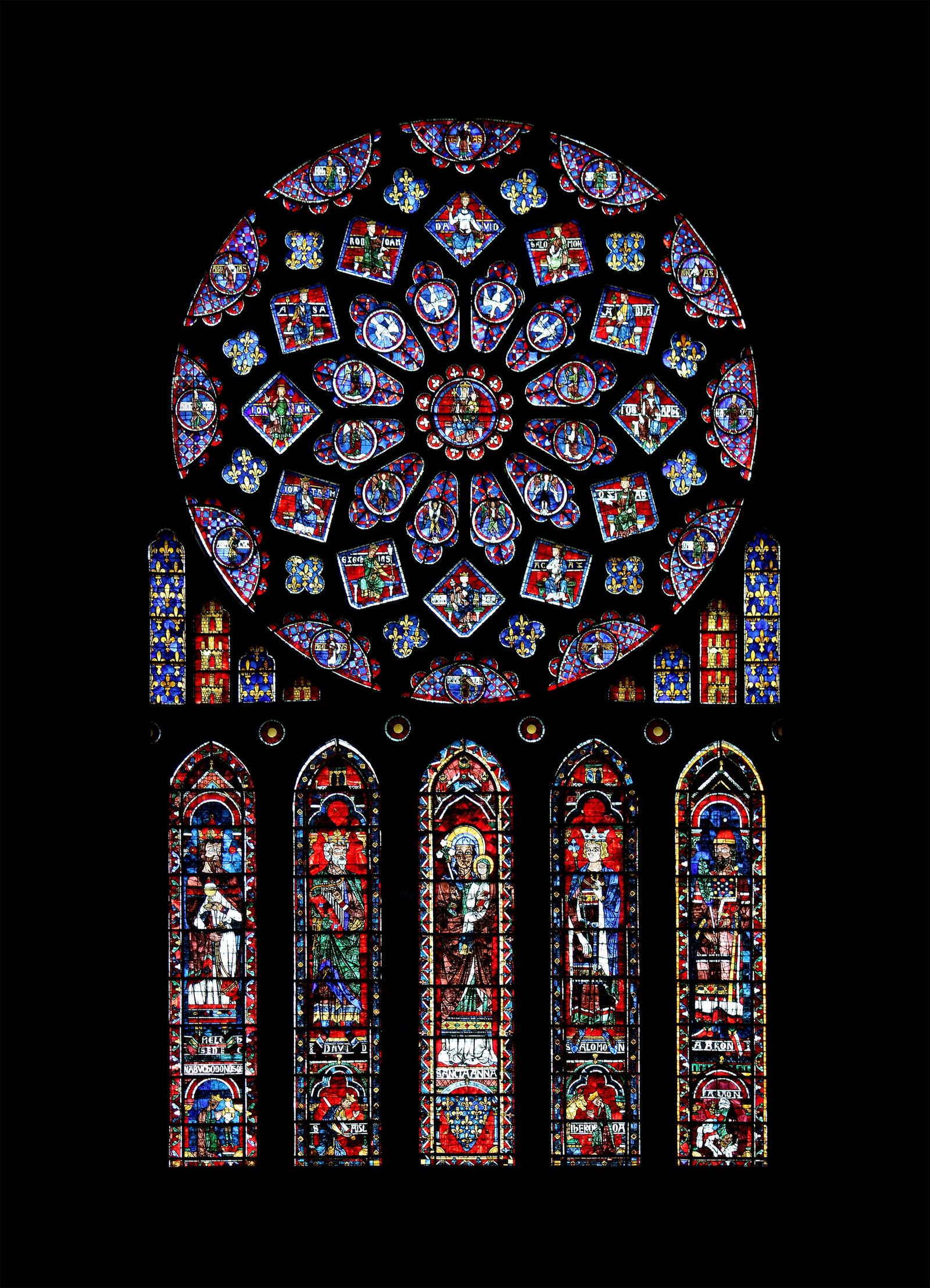 The north rose window of Chartres Cathedral above its five lancets