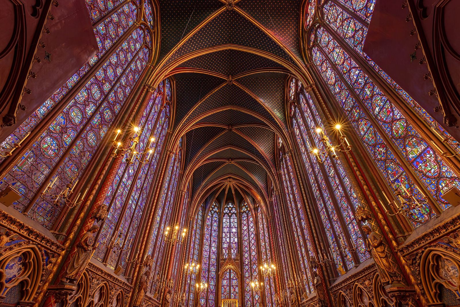 The upper chapel of Sainte-Chapelle in Paris, its walls dissolved into stained glass
