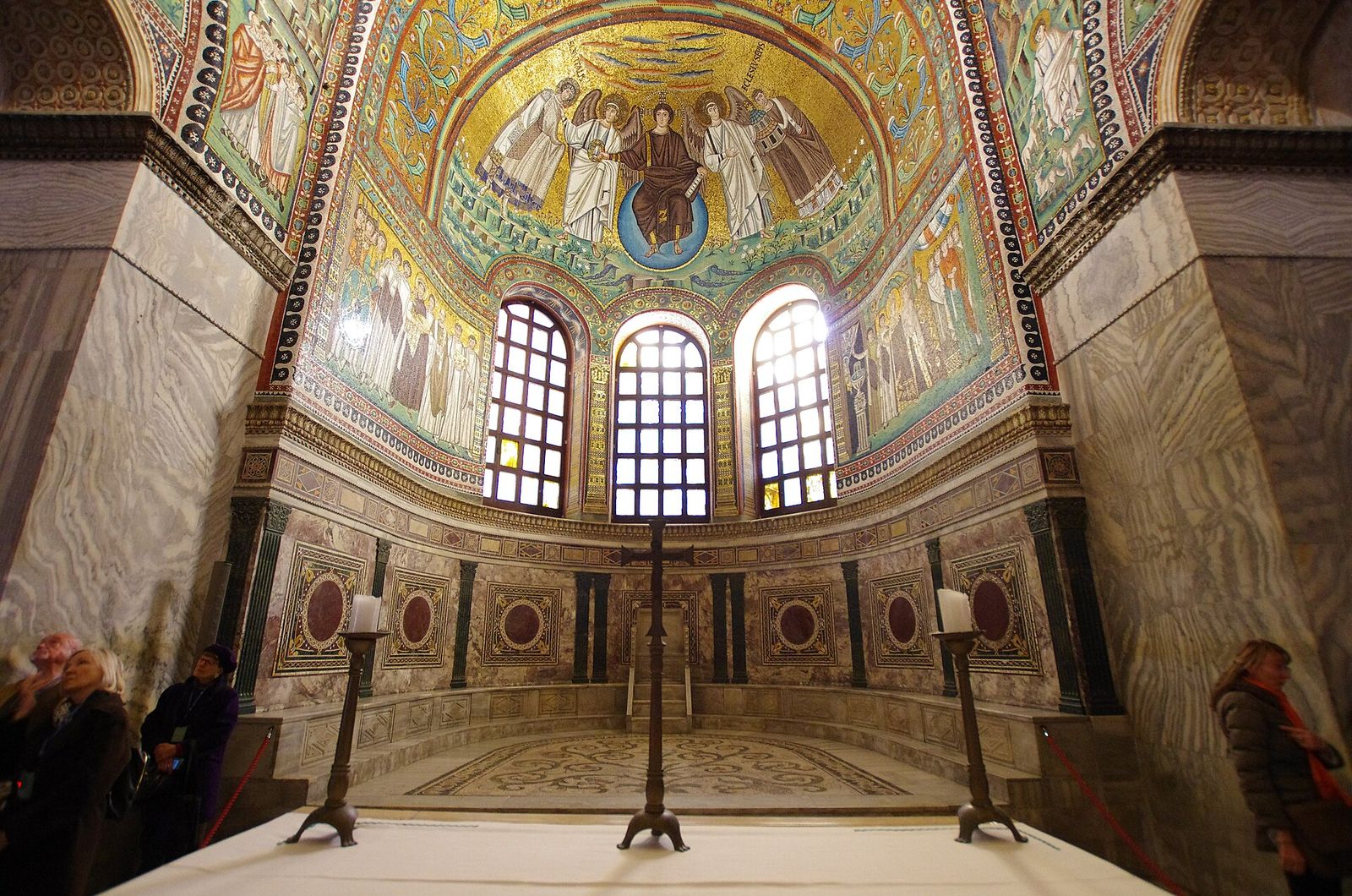 The presbytery and apse of San Vitale in Ravenna, mosaics above tall windows