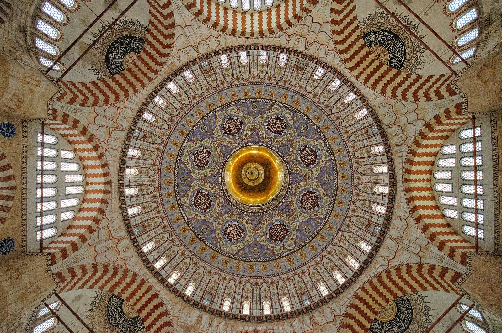 The dome of the Selimiye Mosque in Edirne from below, ringed by windows