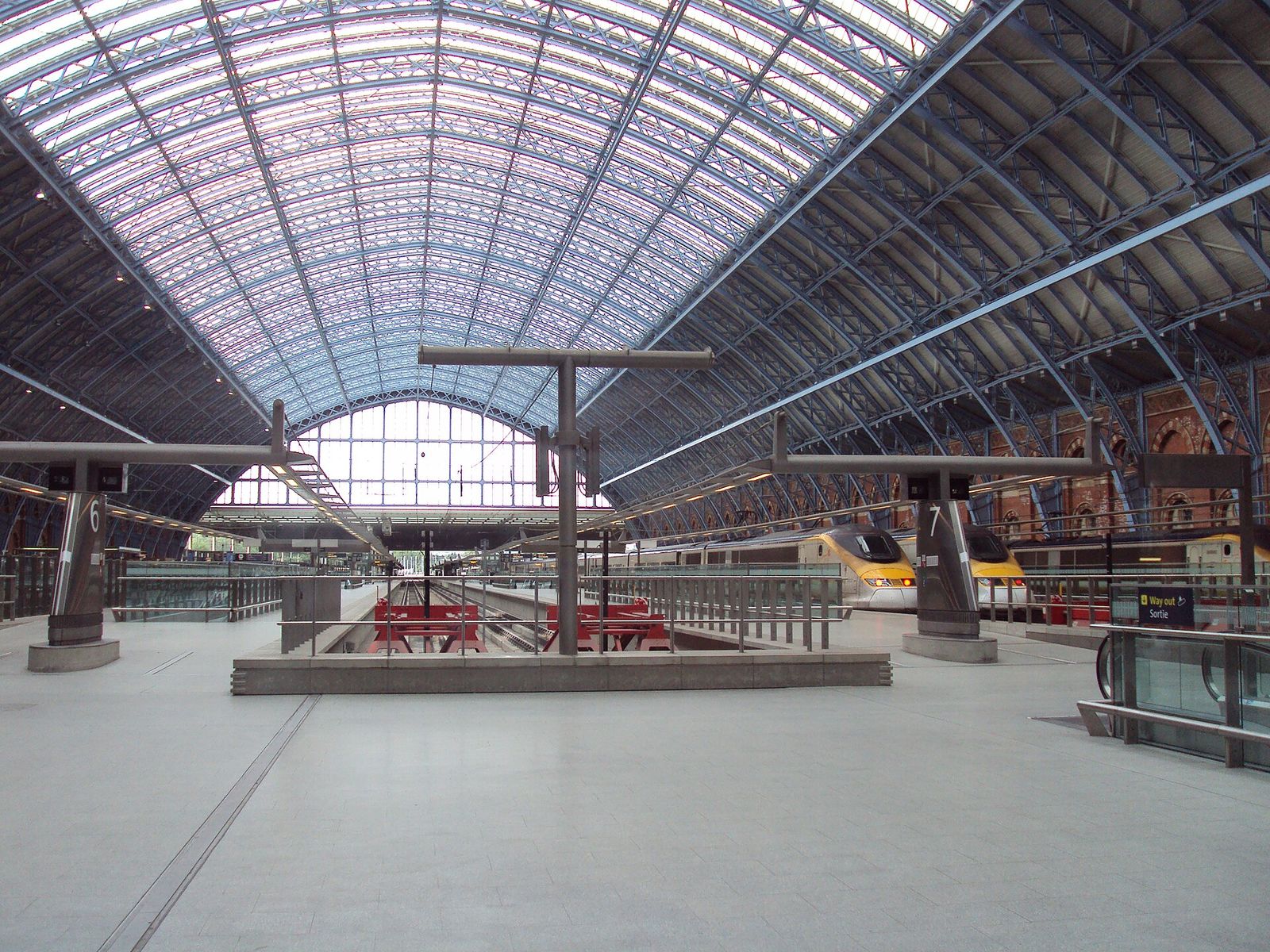 The Barlow train shed at St Pancras station in London, its glazed vault over the platforms