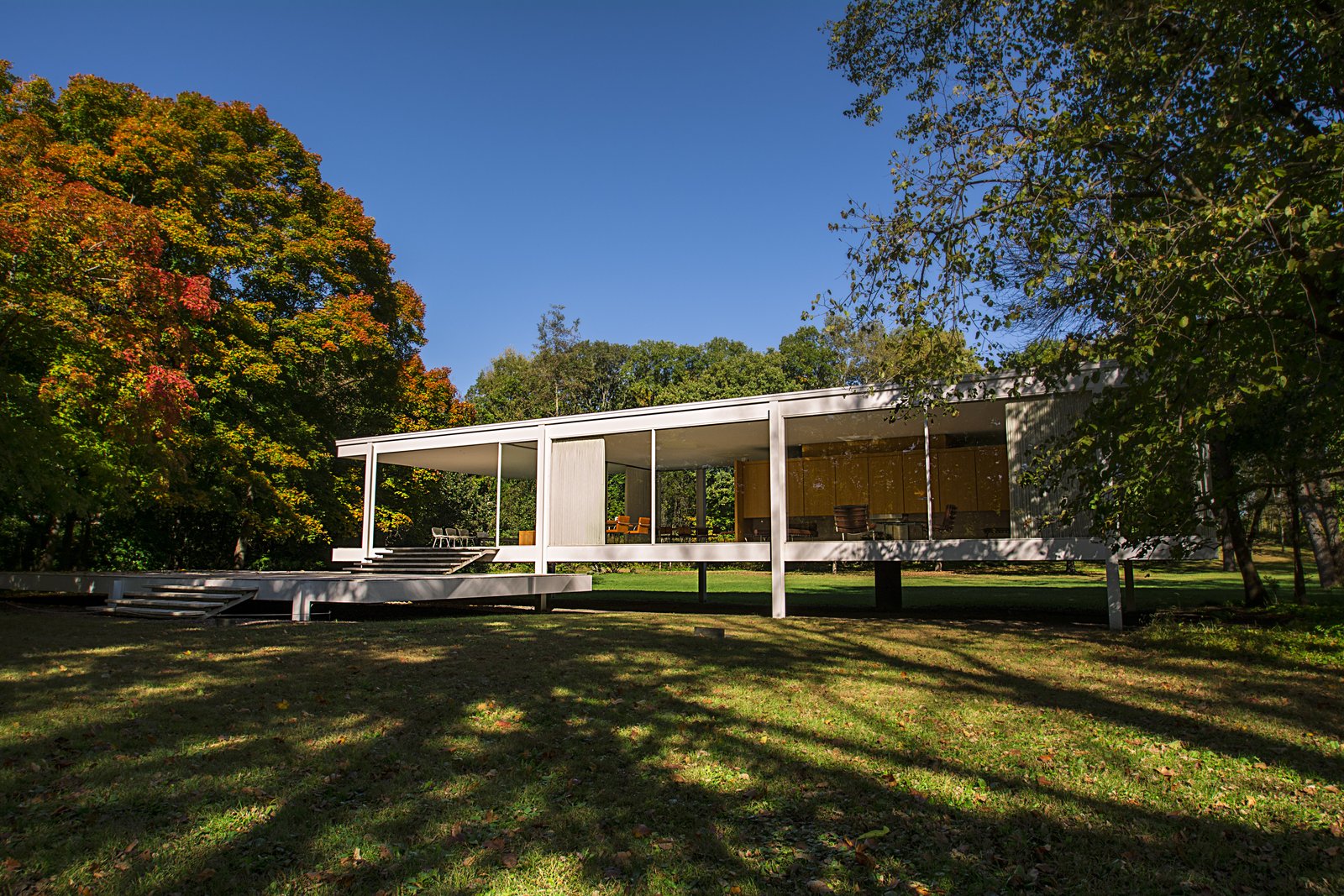 The Farnsworth House in Plano, Illinois, its white steel frame and glass walls above the flood plain