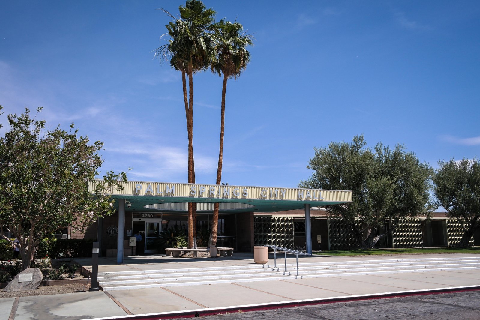 Palm Springs City Hall, its low modernist block with a shaded loggia