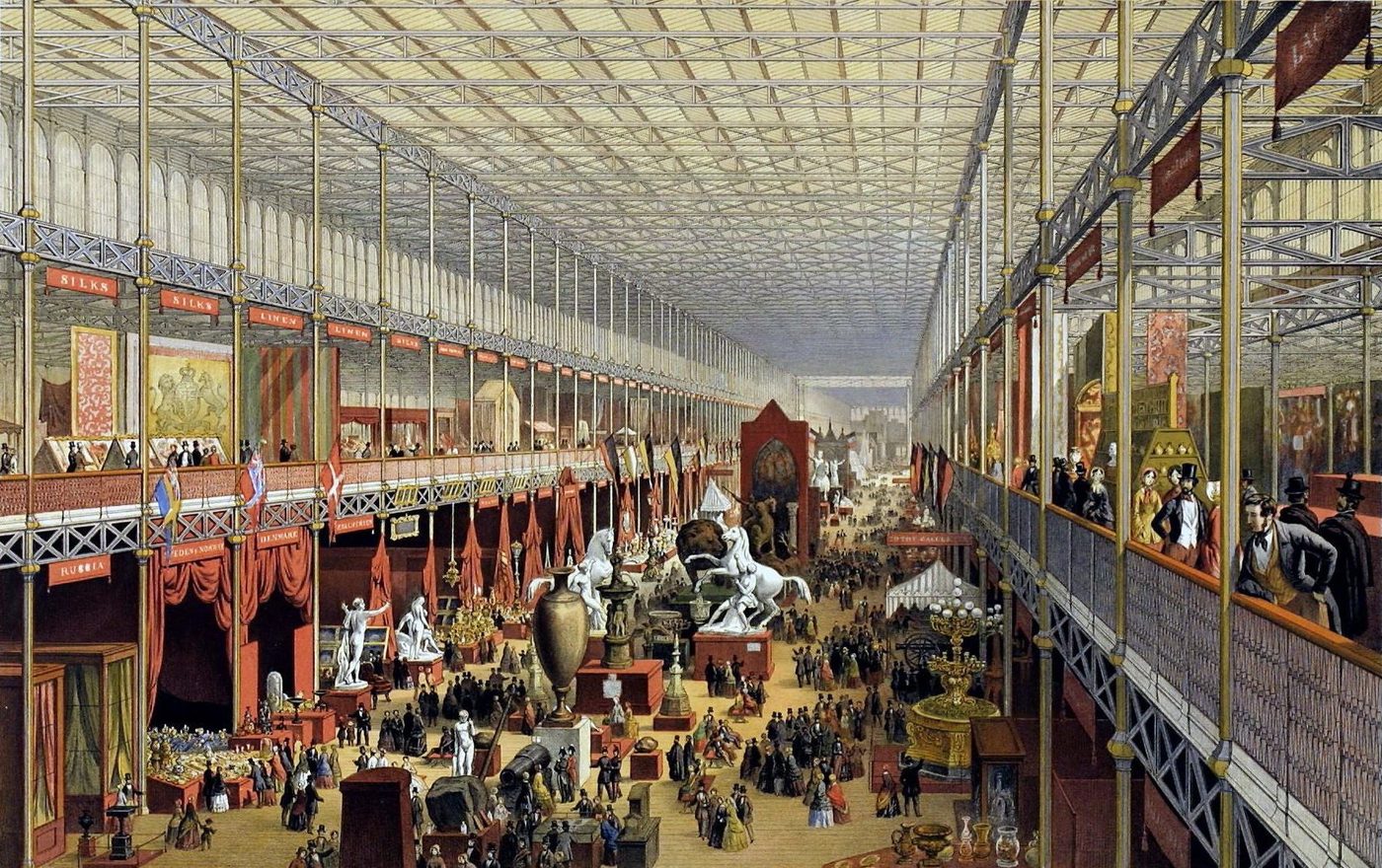 The interior of the Crystal Palace in 1851: an iron-and-glass nave filled with exhibits and visitors