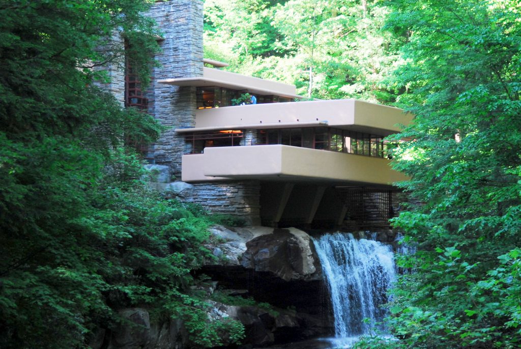 Fallingwater: stone tower and cantilevered concrete trays above the waterfall at Bear Run