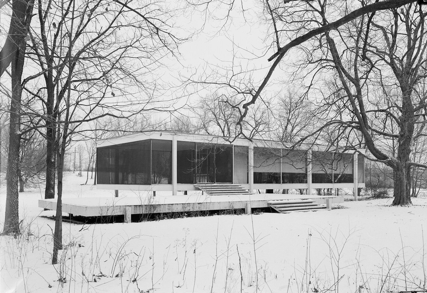 The Farnsworth House in snow: a white steel and glass pavilion on its travertine terrace among bare trees