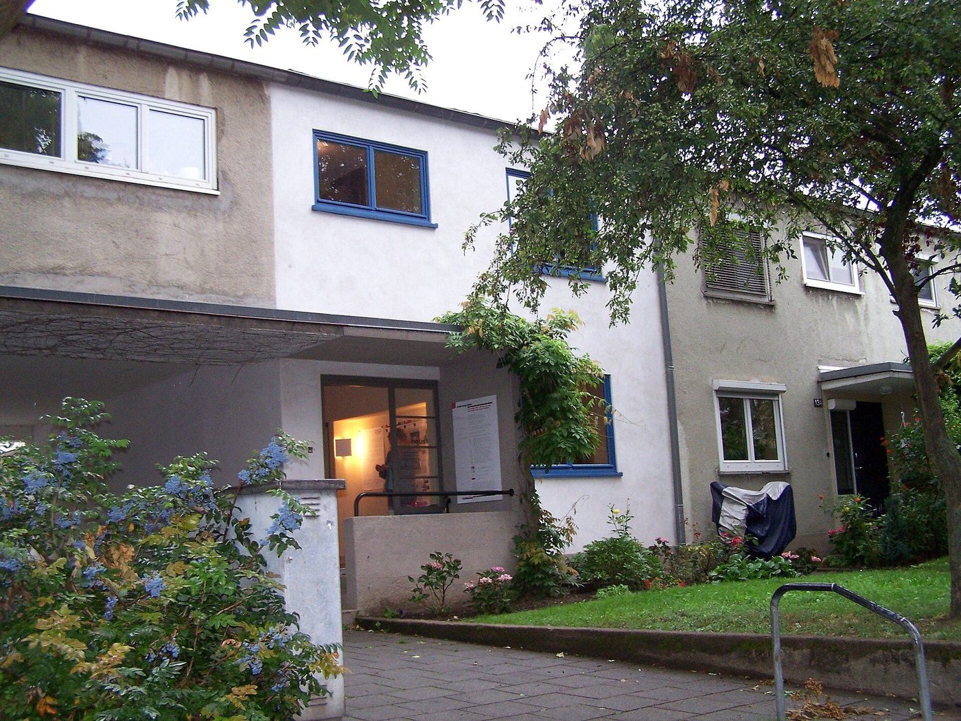 The Ernst May House in the Römerstadt Siedlung, Frankfurt: flat roof, blue-framed windows, garden front