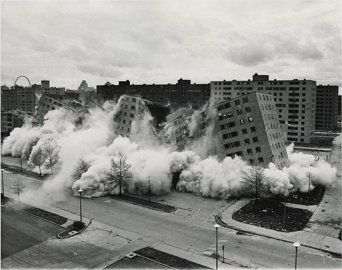 The demolition of the Pruitt-Igoe housing blocks in St Louis in 1972, a slab block collapsing in dust