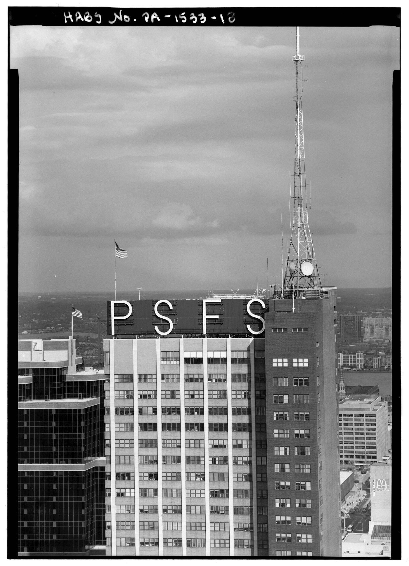 The PSFS sign in letters atop the Philadelphia Saving Fund Society tower