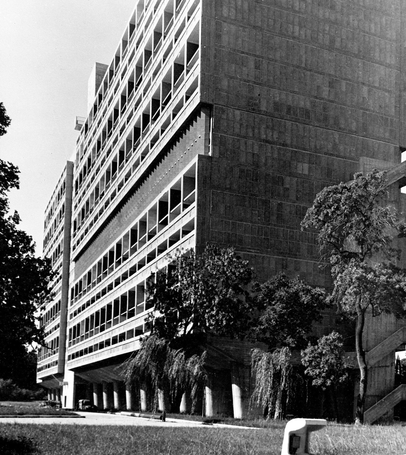 The Unité d'Habitation at Marseille on its pilotis, photographed for a US housing survey in the 1950s