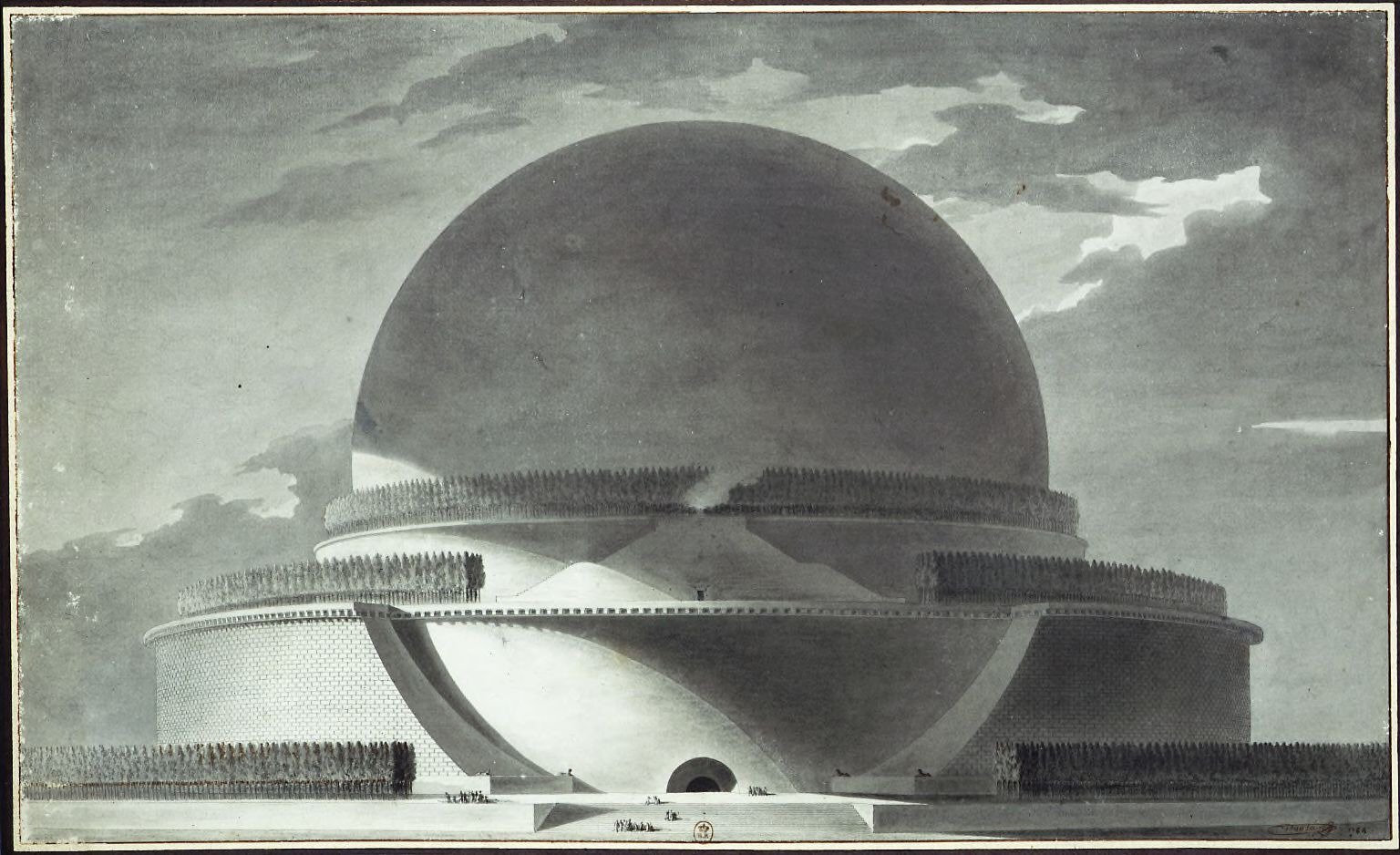 Boullée's elevation for the Cenotaph for Newton, a sphere within a cylinder