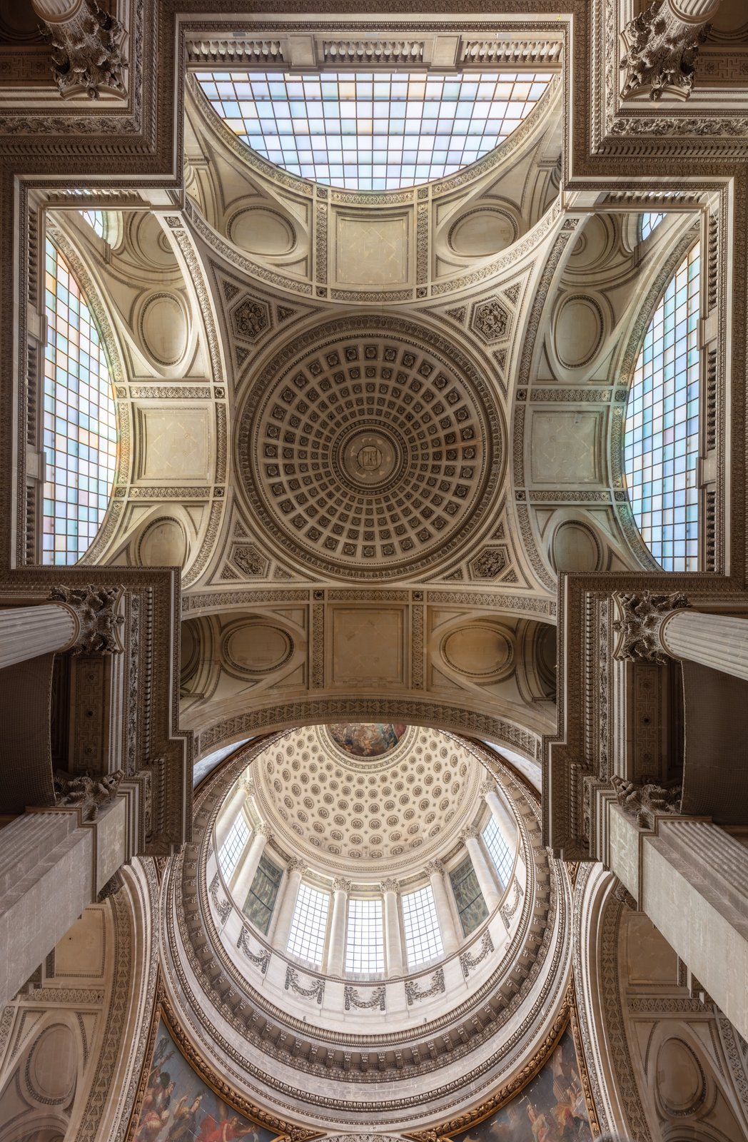 The interior of the Panthéon in Paris, its dome and detached Corinthian columns