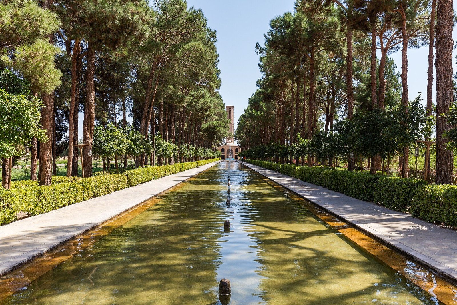 The garden of Dolat Abad in Yazd: the long water channel running between lines of cypresses toward the pavilion