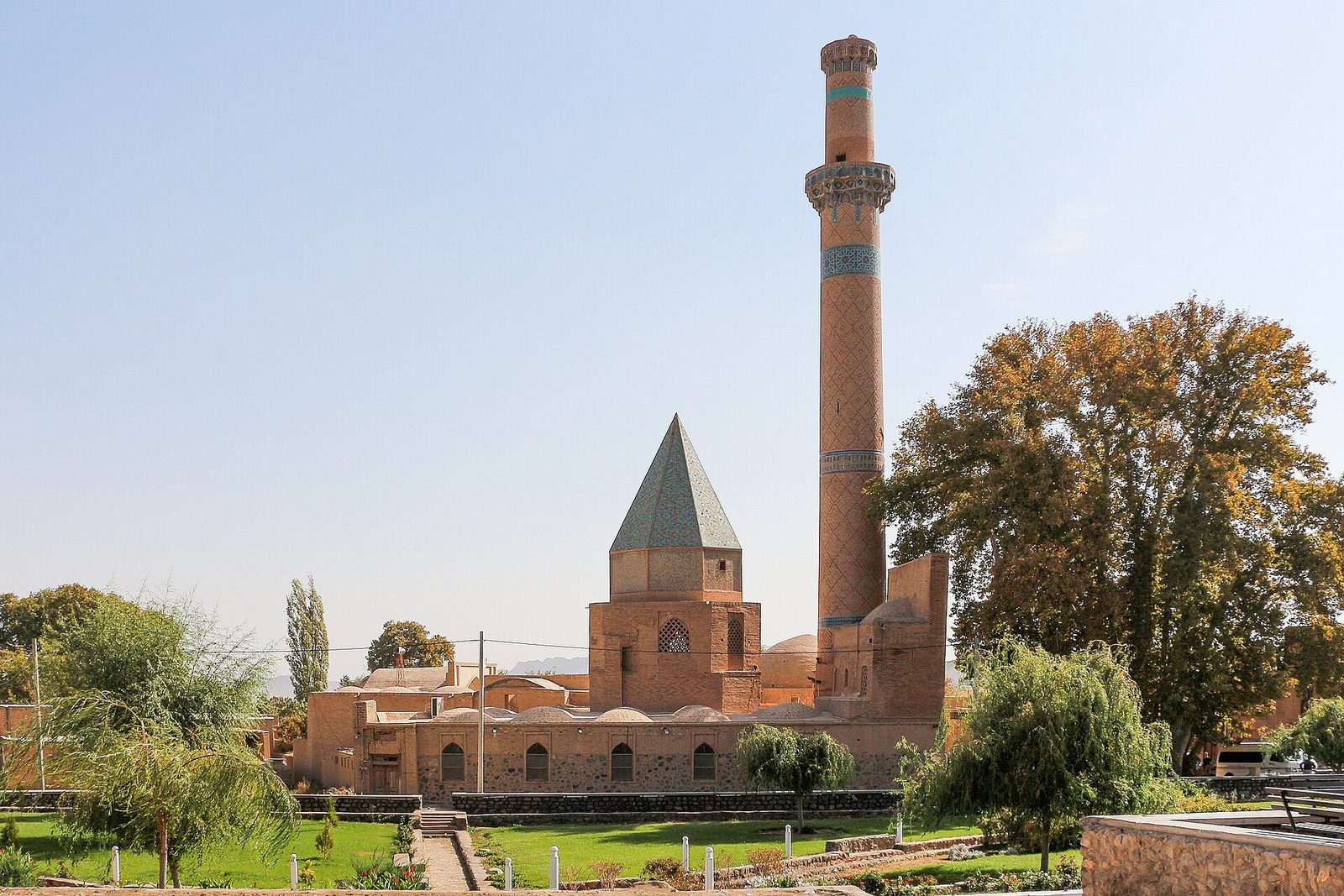 The shrine complex of Sheikh Abd al-Samad at Natanz: minaret, khanqah facade and conical dome, seen from the garden