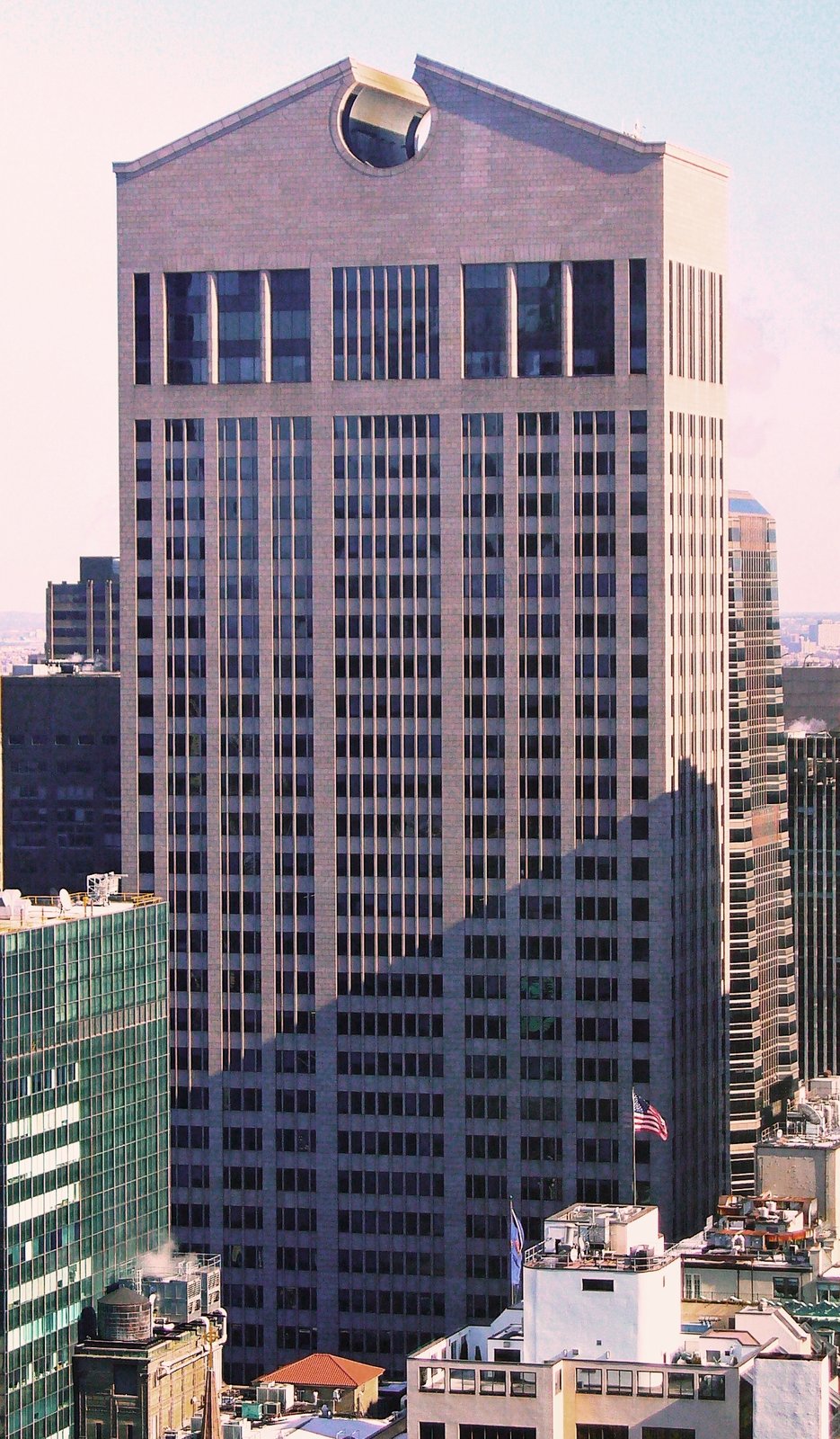 The AT&T Building in New York, its shaft topped by the open broken pediment known as the Chippendale top.