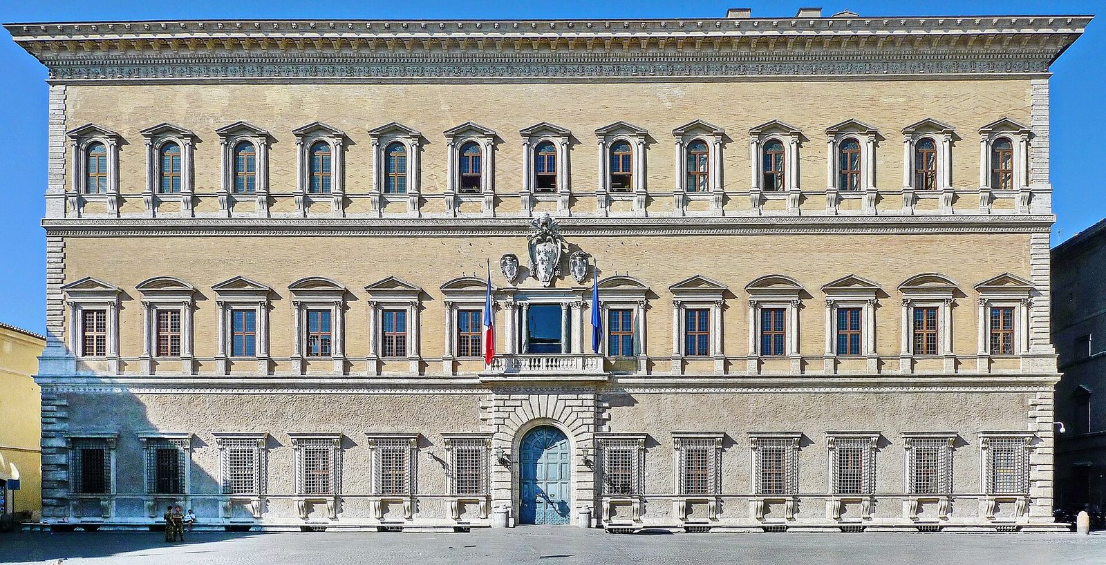 The facade of the Palazzo Farnese in Rome, crowned by Michelangelo's cornice