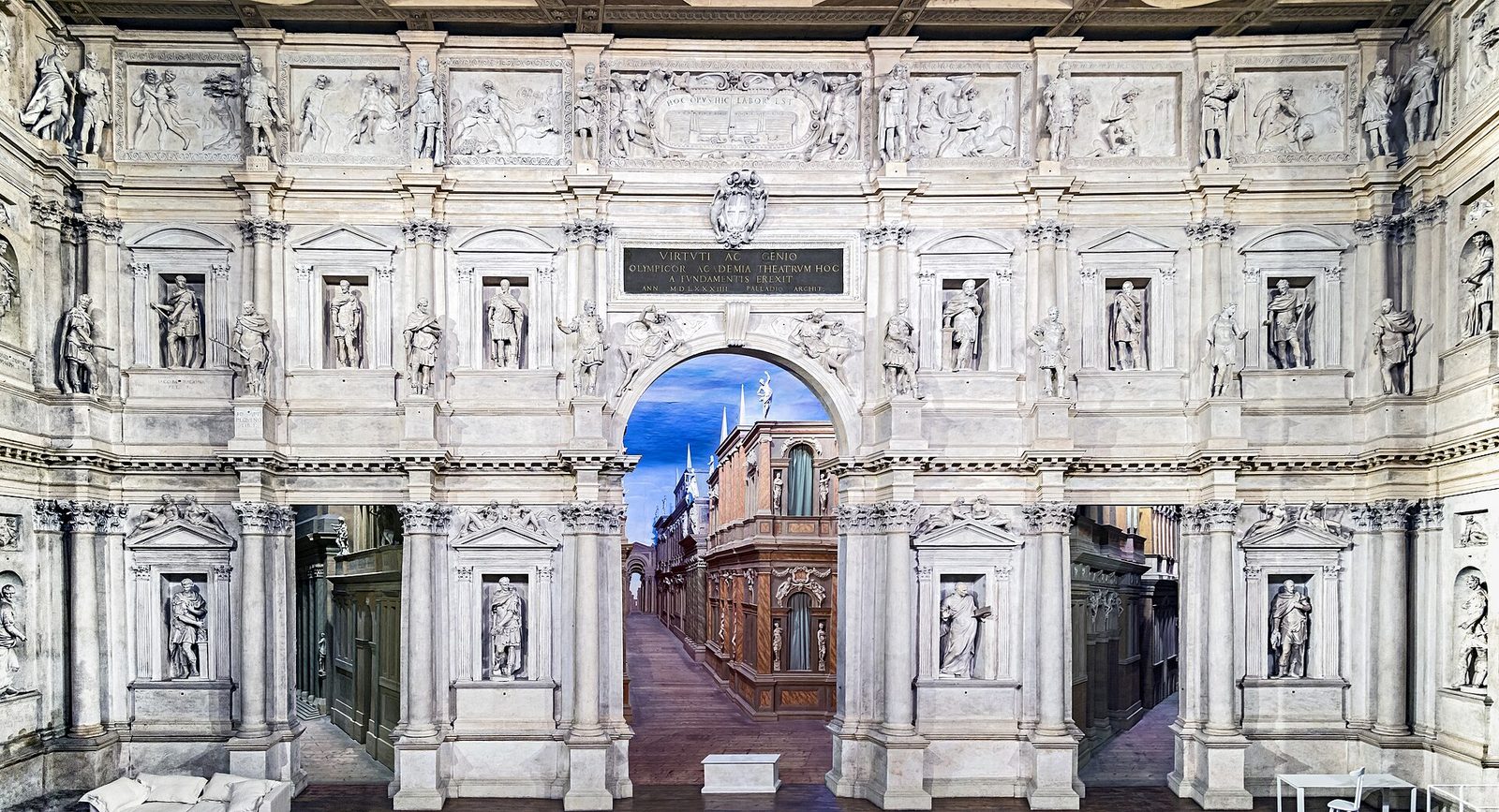 The interior of the Teatro Olimpico in Vicenza, its stage front and perspective streets