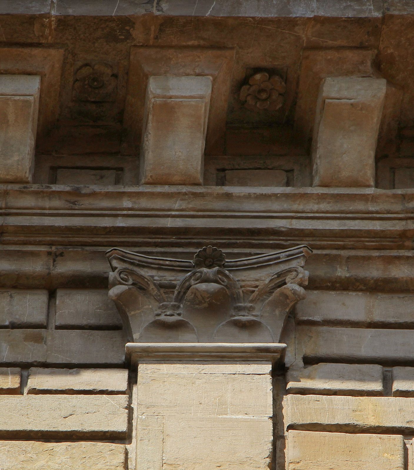 A Corinthian capital, its acanthus leaves and corner volutes