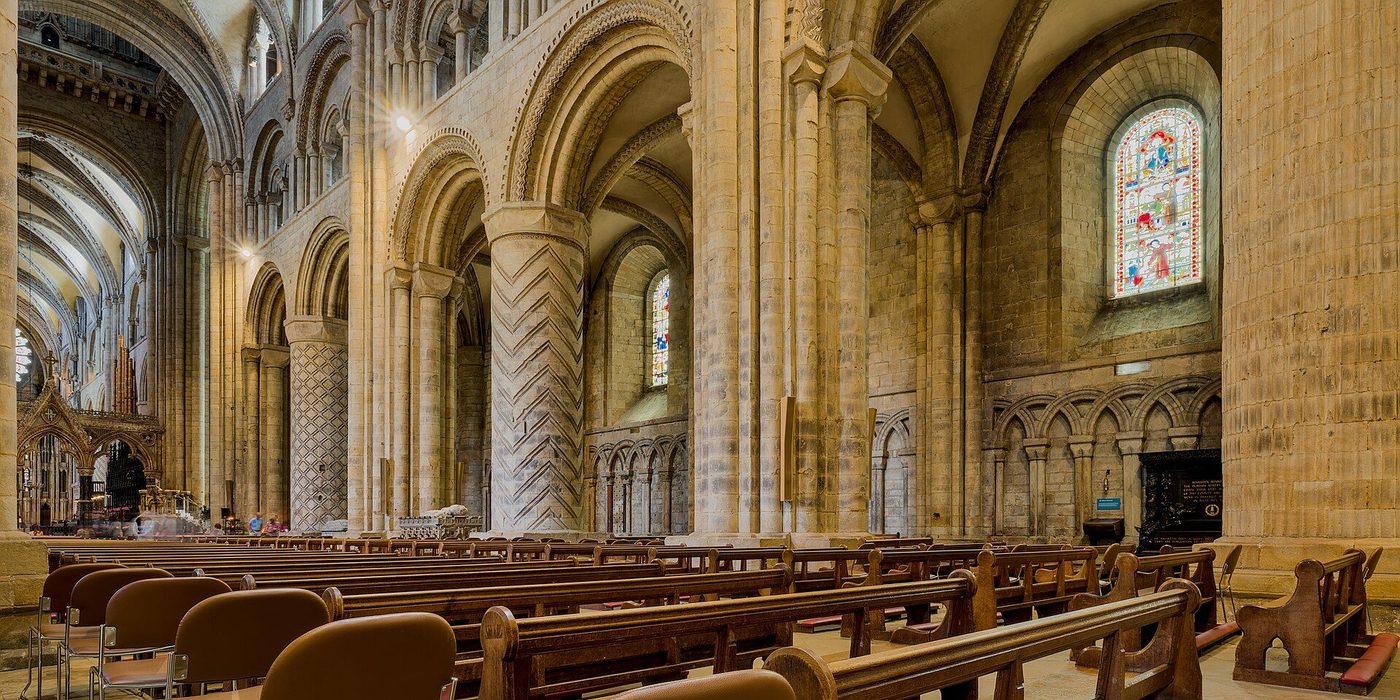 The nave of Durham Cathedral with its incised drum piers