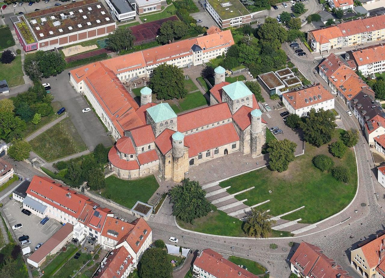 Aerial view of St Michael's Church, Hildesheim, showing its two choirs and six towers