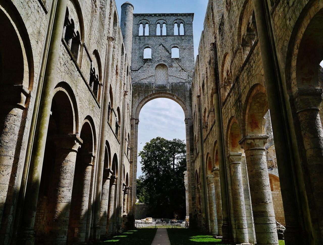 The ruined nave of Jumièges Abbey looking toward the crossing