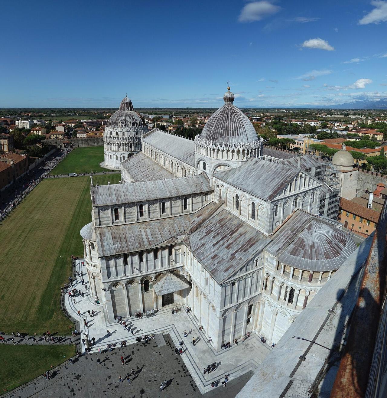 The Piazza dei Miracoli, Pisa, from the campanile: cathedral, baptistery and cemetery