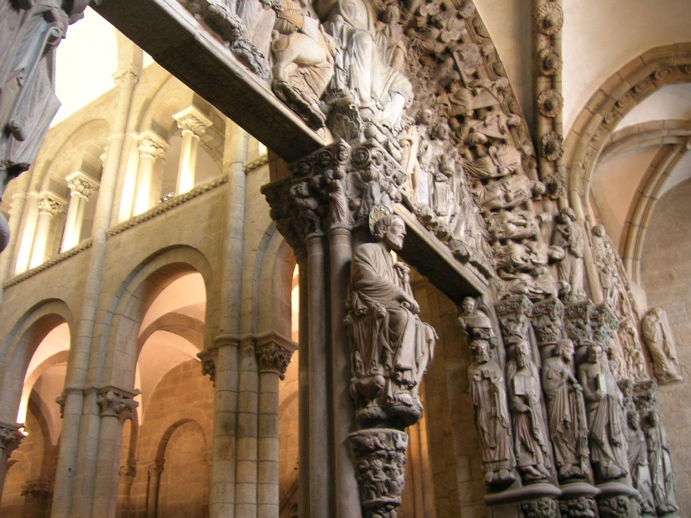 The central arch and column statues of the Pórtico de la Gloria, Santiago de Compostela