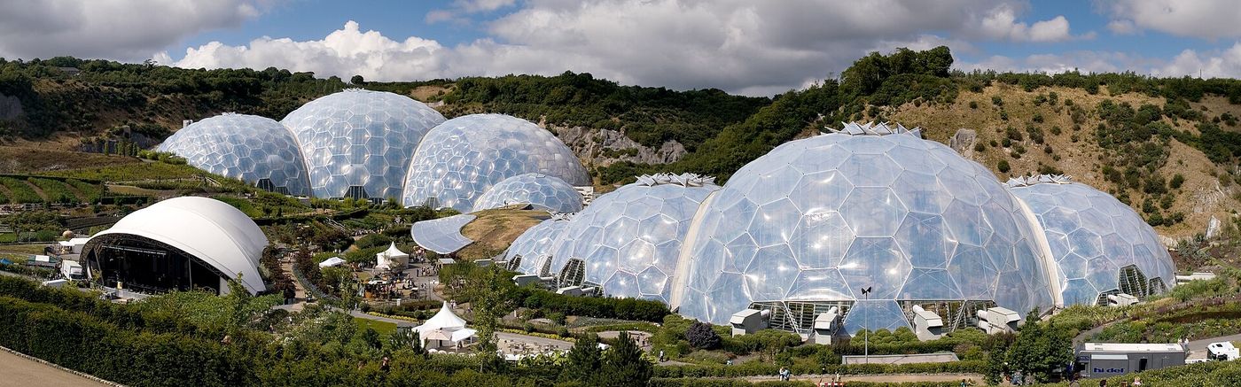 The Eden Project in Cornwall, showing its geodesic biome enclosures