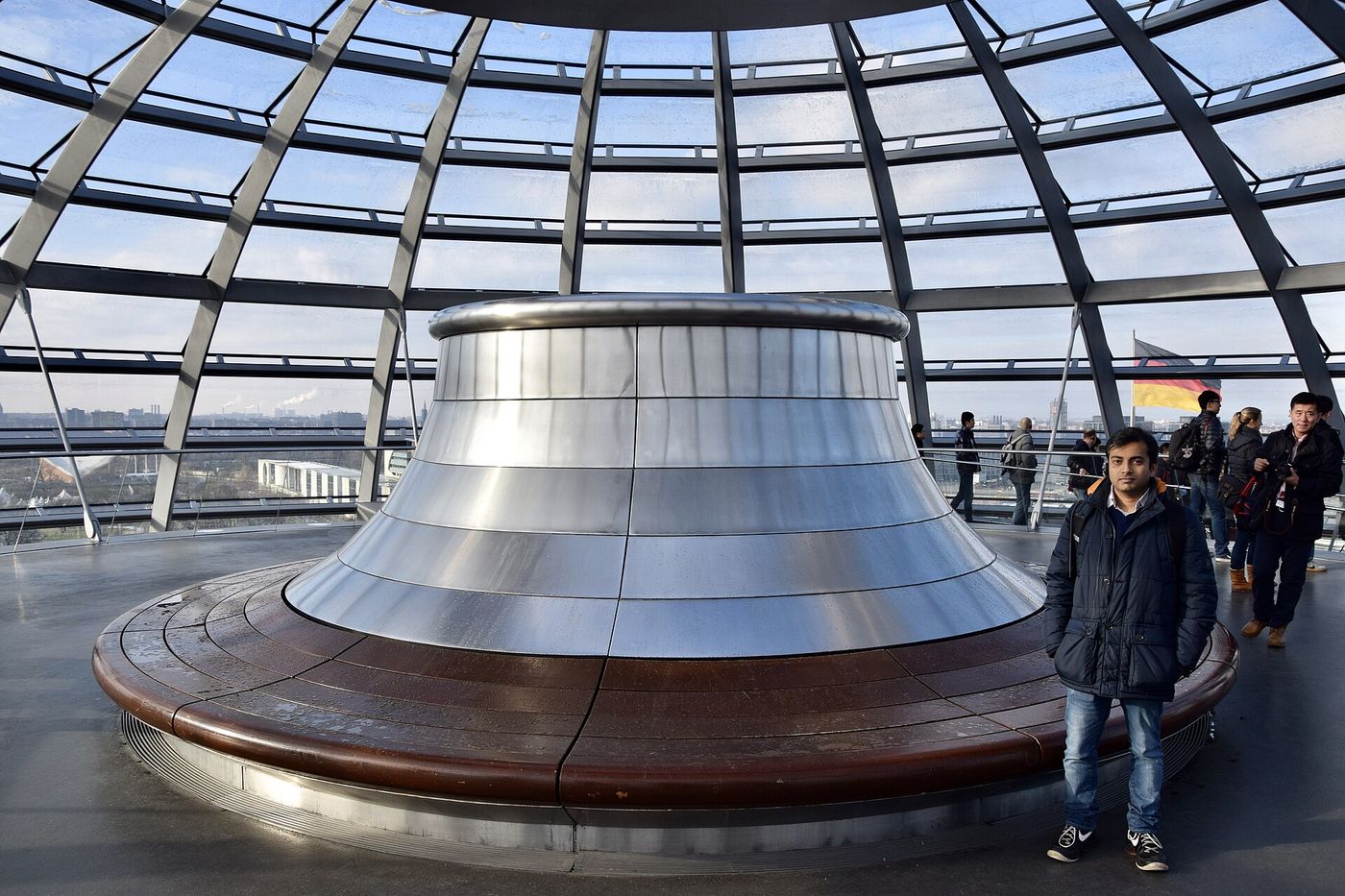 Interior of the glass dome of the Reichstag in Berlin, designed by Norman Foster