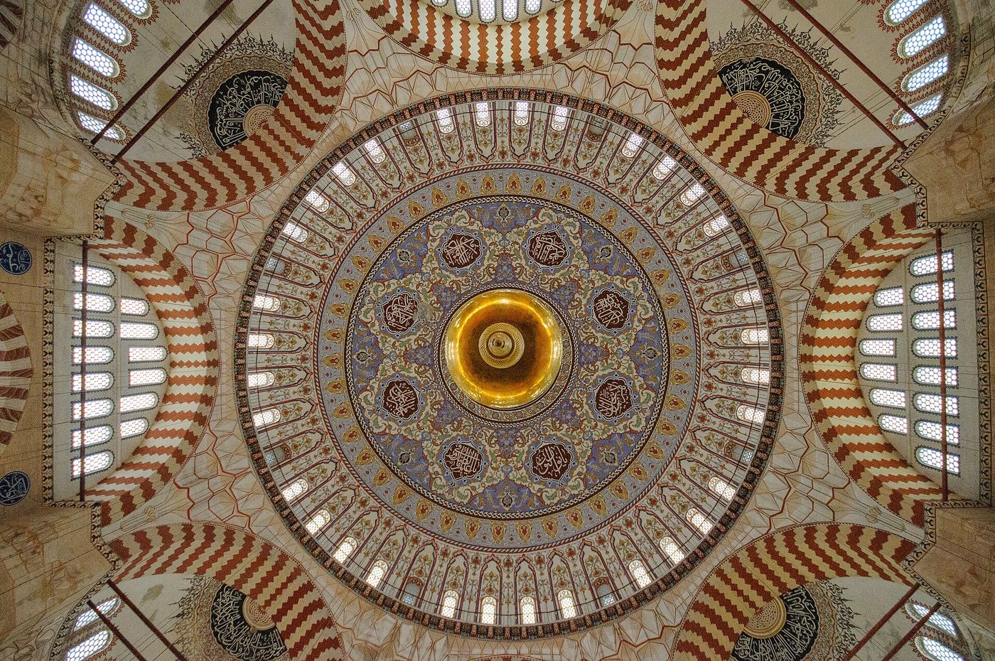 Interior of the Selimiye Mosque in Edirne, looking up at the main dome