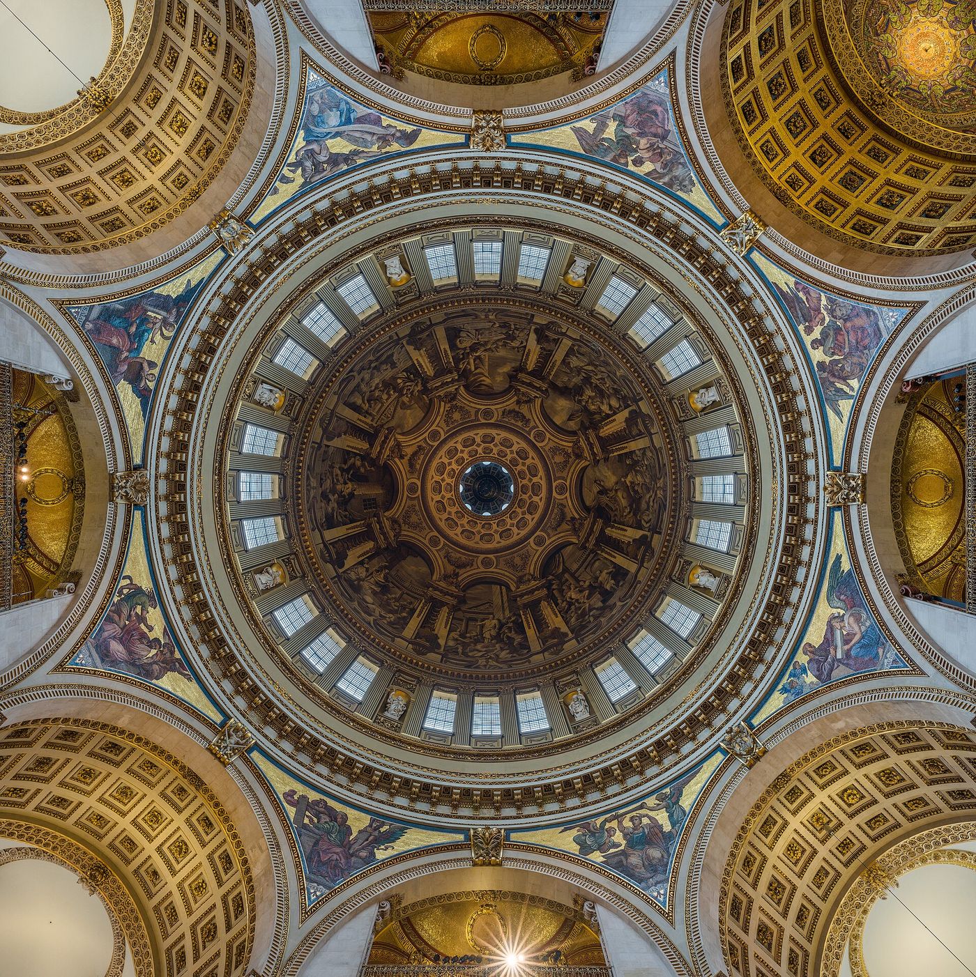 Interior of St Paul's Cathedral in London, looking up toward the dome and Whispering Gallery