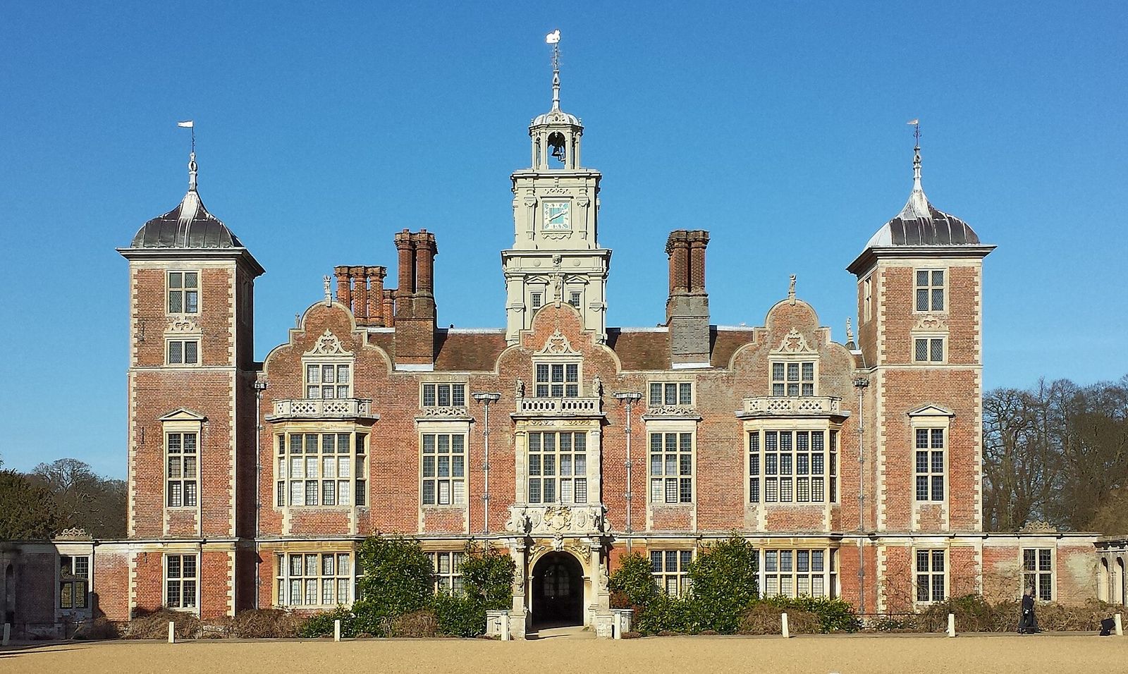 The south-west facade of Blickling Hall in Norfolk, red brick with stone dressings and turrets