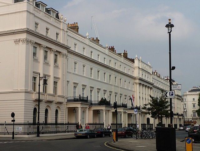 A white stucco terrace on Belgrave Square in London