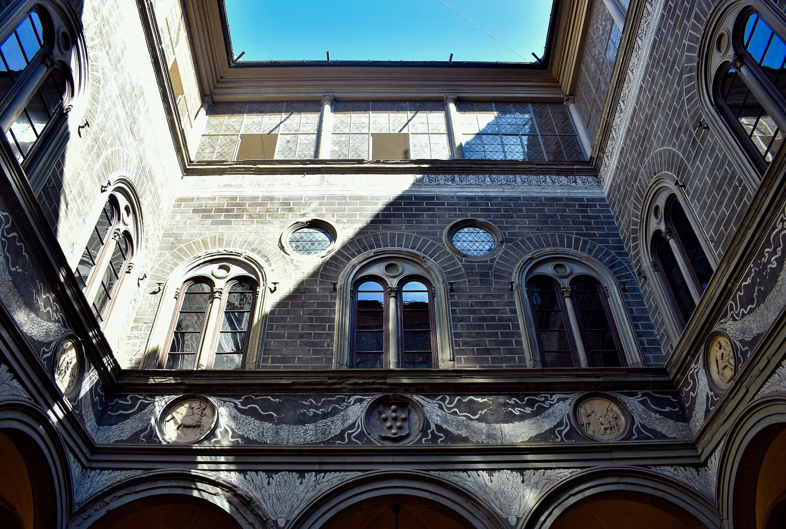 The courtyard of the Palazzo Medici Riccardi in Florence, seen from below