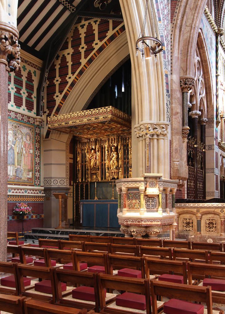 The chancel of All Saints, Margaret Street: Butterfield's painted, stencilled and marble-lined interior