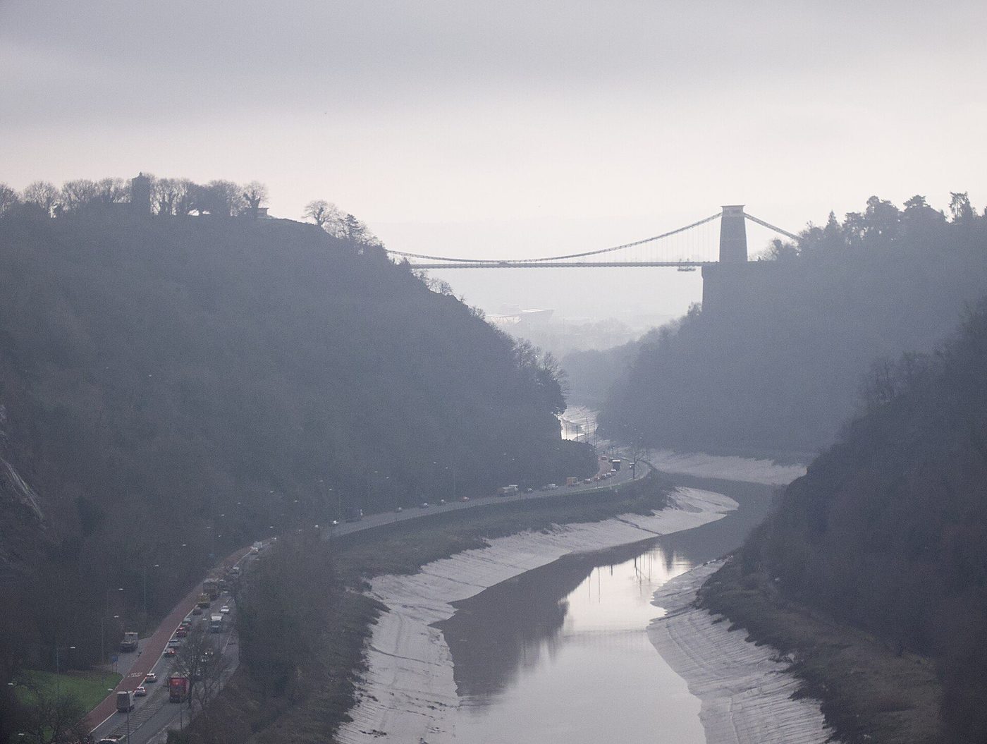 The Clifton Suspension Bridge in morning mist above the Avon Gorge