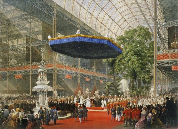 The opening of the Great Exhibition in a contemporary print: the transept, the crystal fountain and the elm trees inside the glass vault