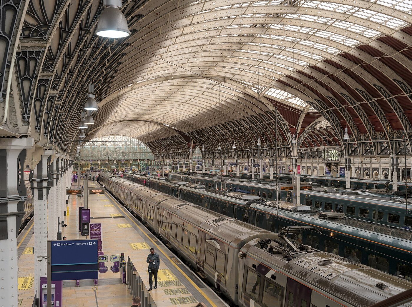 Paddington Station: trains beneath Brunel and Wyatt's triple-span iron-and-glass roof