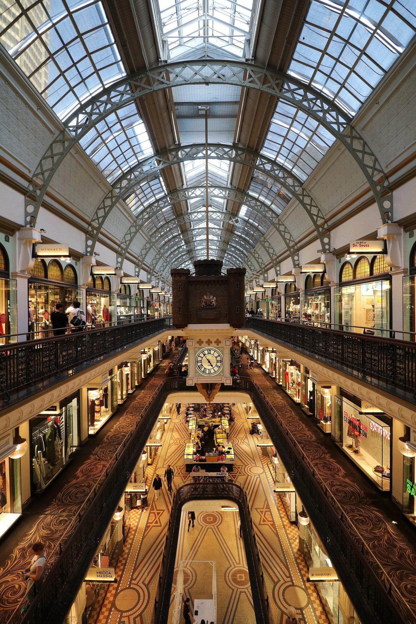 Inside the Queen Victoria Building, Sydney: the galleried arcade under its glass vault