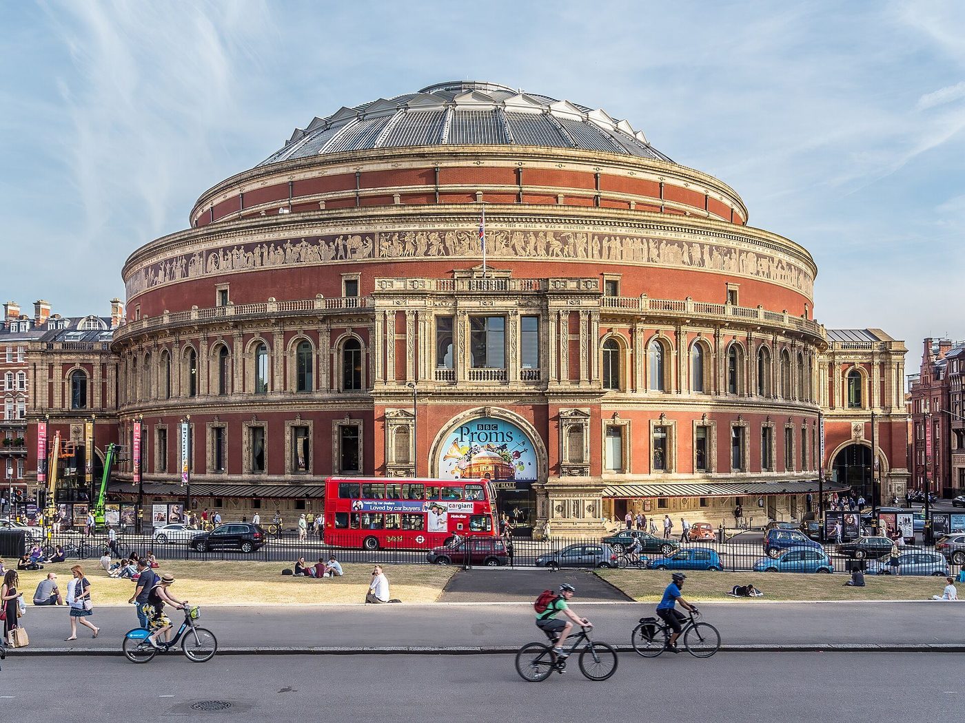 The Royal Albert Hall from Kensington Gore: the great terracotta ellipse and its mosaic frieze