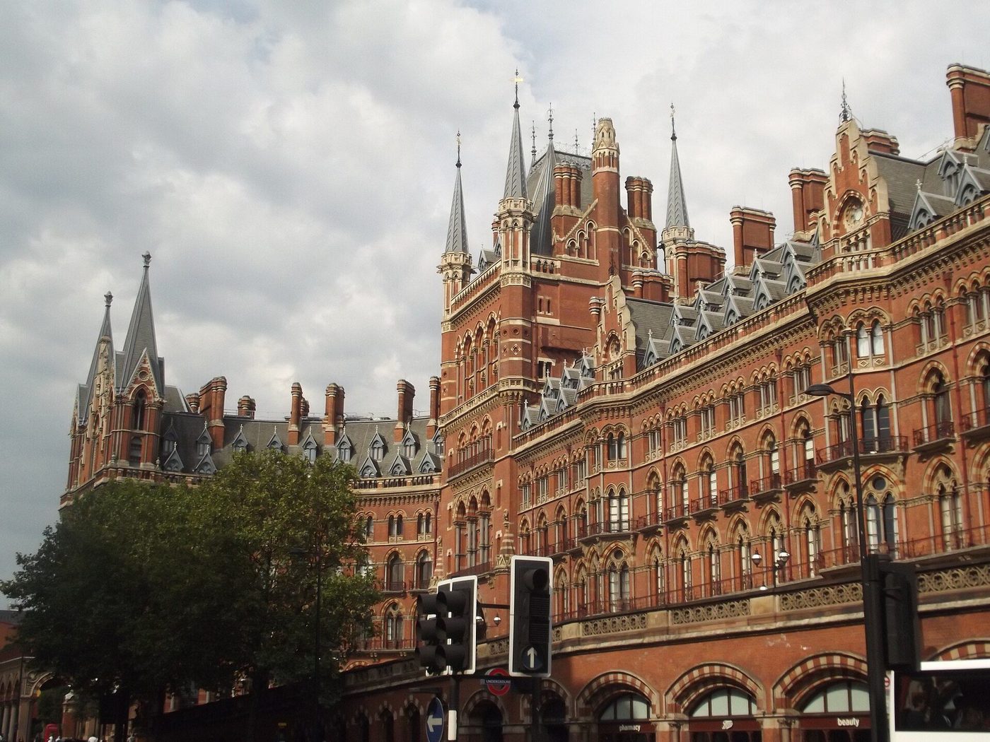 The Midland Grand Hotel front at St Pancras: Scott's red-brick Gothic facade and clock tower