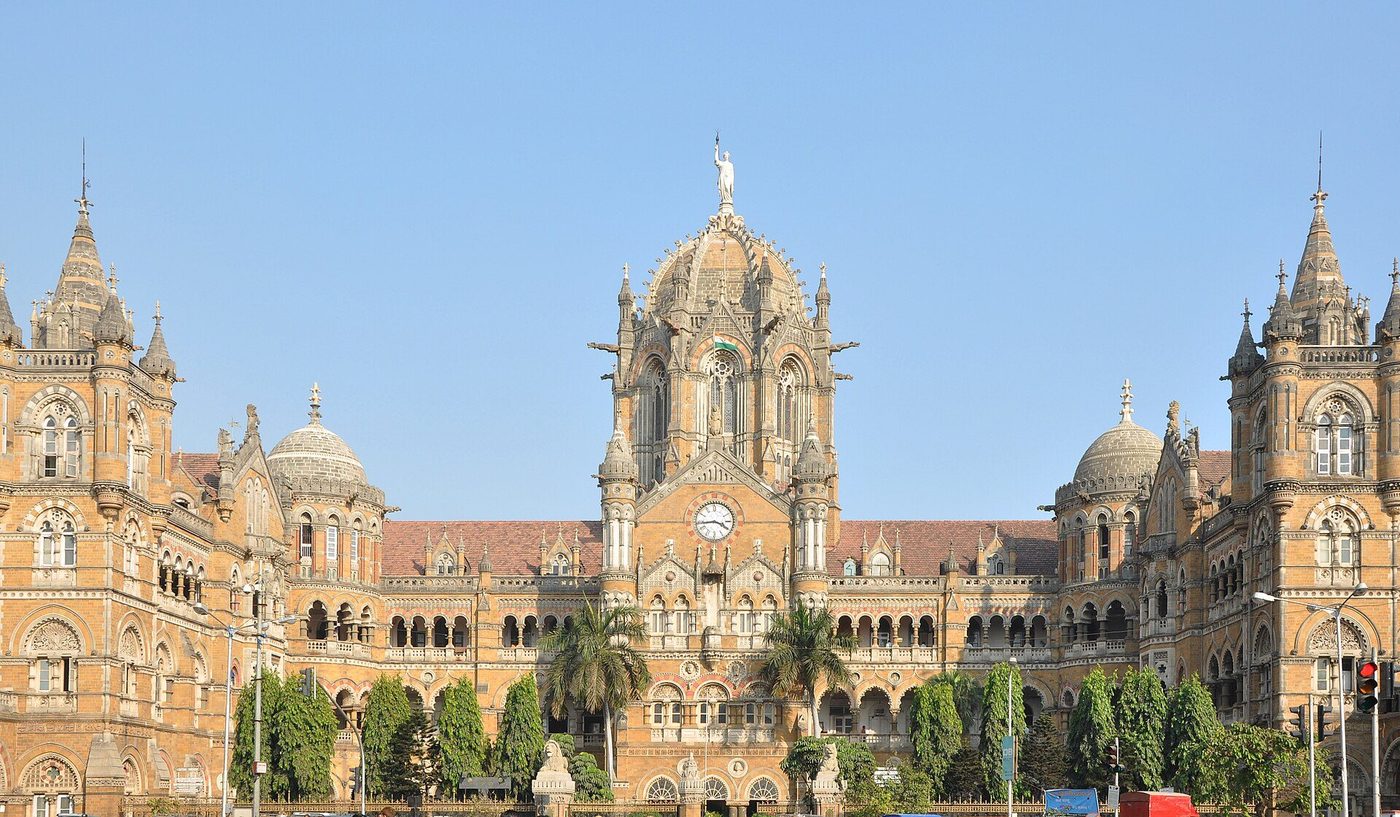 Chhatrapati Shivaji Terminus, Mumbai: Stevens's Gothic facade, dome and carved stone fronting the city